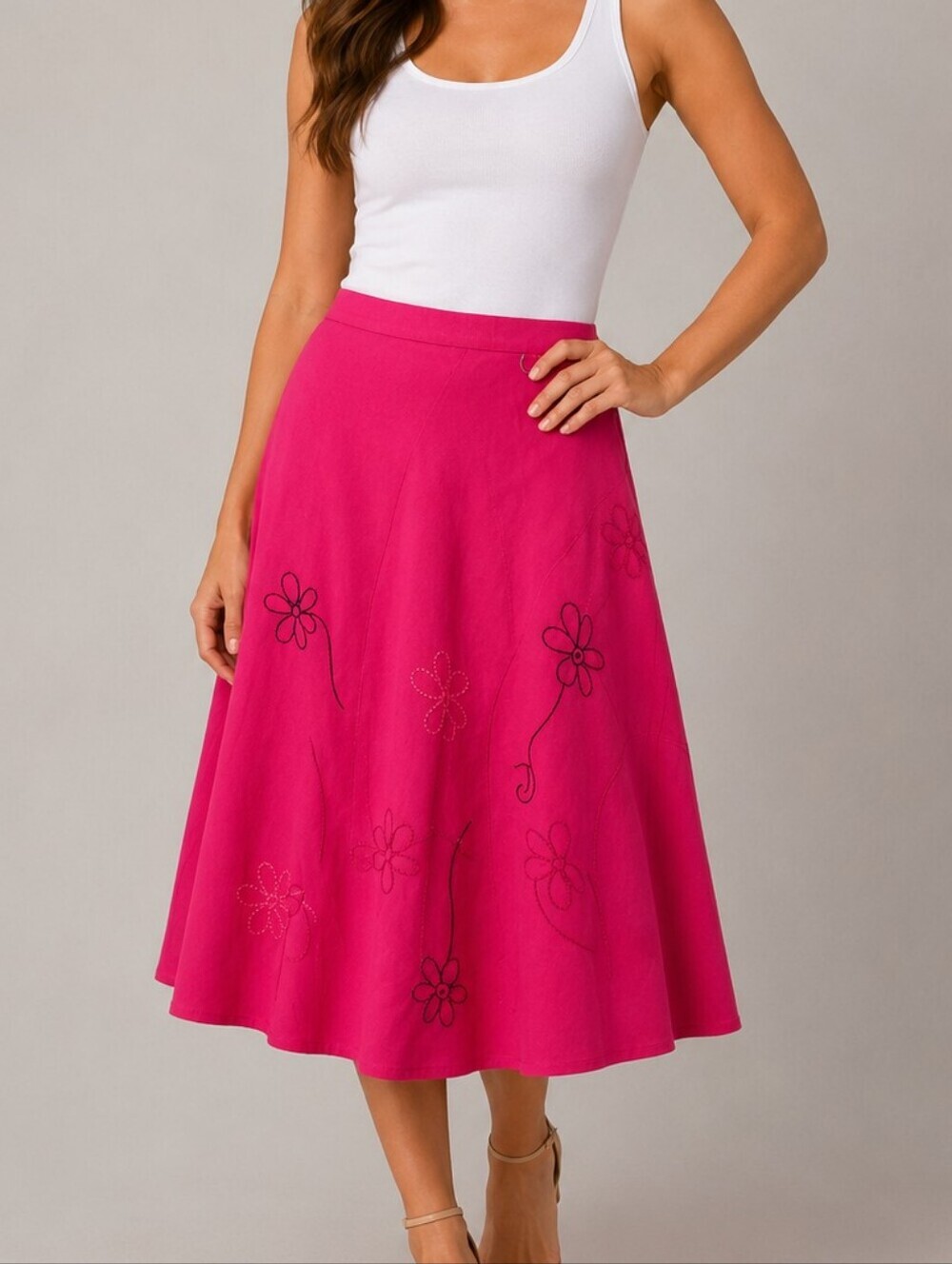SAG HARBOR Hot Pink Floral Embroidered A-line Linen Blend Skirt